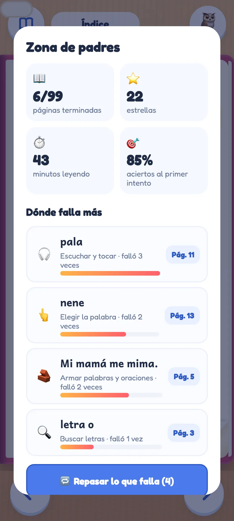 Zona de padres con estadísticas